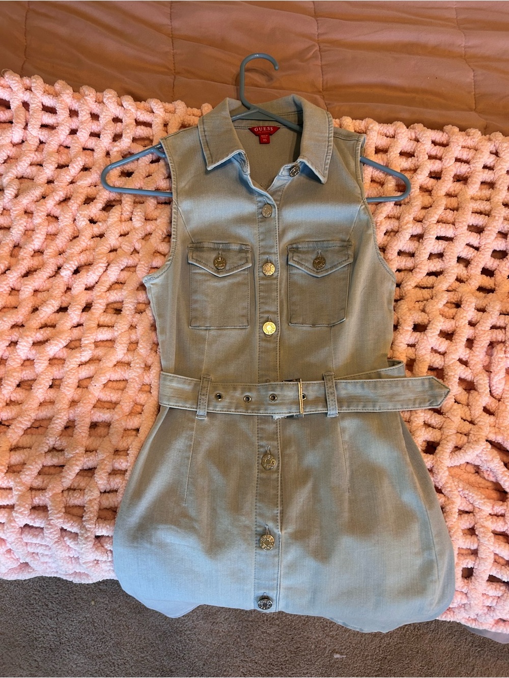XS GUESS Sleeveless Olive Utility Belted Dress